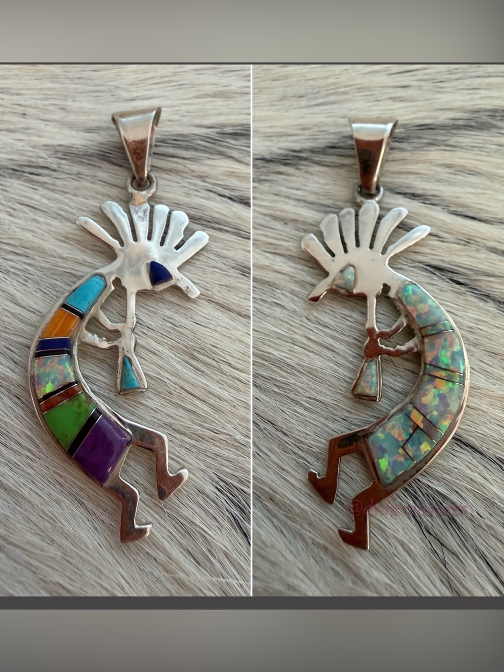 ❤️ Navajo Signed Zuni Style Kokopelli Multistone & Fiery Lab Opal 925 Pendant